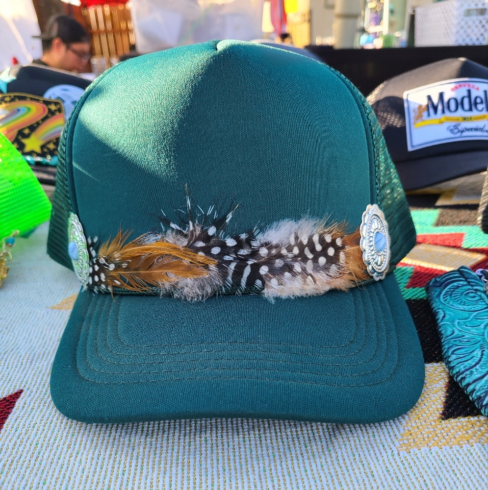 Green Feather Concho Trucker Hat Cap